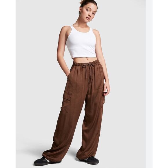 Victoria's Secret PINK Chocolate Kiss Brown Satin Parachute Trousers- XL - Picture 1 of 12